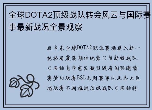 全球DOTA2顶级战队转会风云与国际赛事最新战况全景观察 全球DOTA2顶级战队转会风云与国际赛事最新战况全景观察